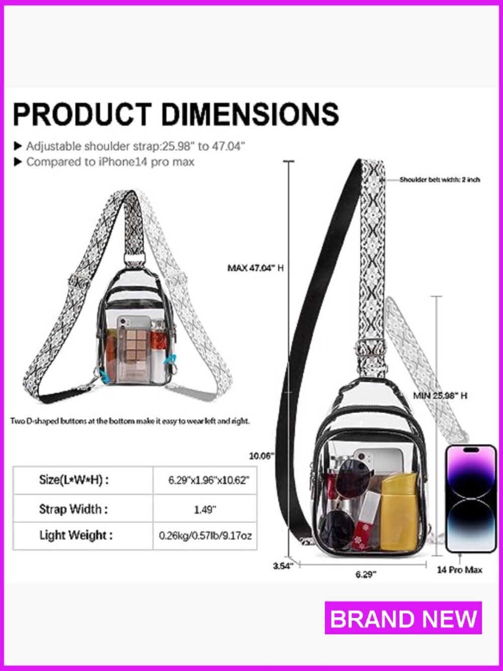 Clear Crossbody Bag Stadium Approved Lightweight TPU Sling Purse Adjustable - Picture 5 of 7